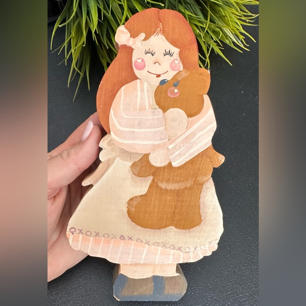 Handcrafted Wooden Girl and Bear Decor
